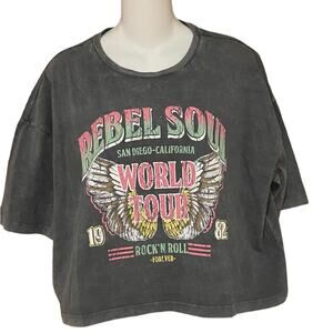 Vero Moda Womens XL Cropped Rocker Black Acid Washed Short Sleeve T-Shirt NWT